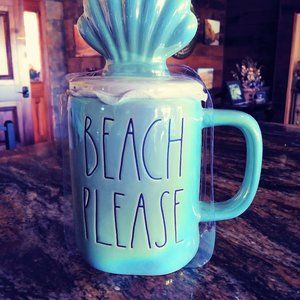 Rae Dunn Ceramic Beach Please Mug with Shell Shaped Lid, Iridescent Finish